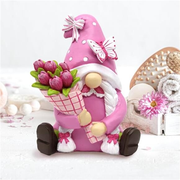 Pink Garden Gnome Figurine Spring Summer Easter Decor Outdoor Indoor Statue - Picture 2 of 8